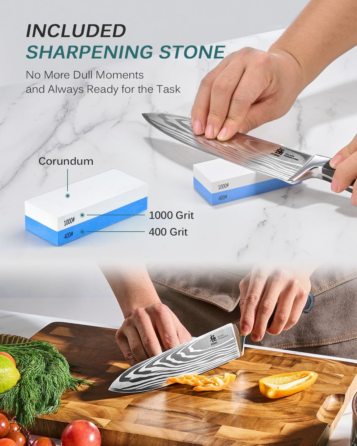 KYOKU 8" Chef Knife, Samurai Series Japanese Chef's Knife with Sharpening Stone, High Carbon Steel Kitchen Knife with Pakkawood Handle Mosaic Pin Gift Box for Meat Vegetable Fruit Chopping Slicing