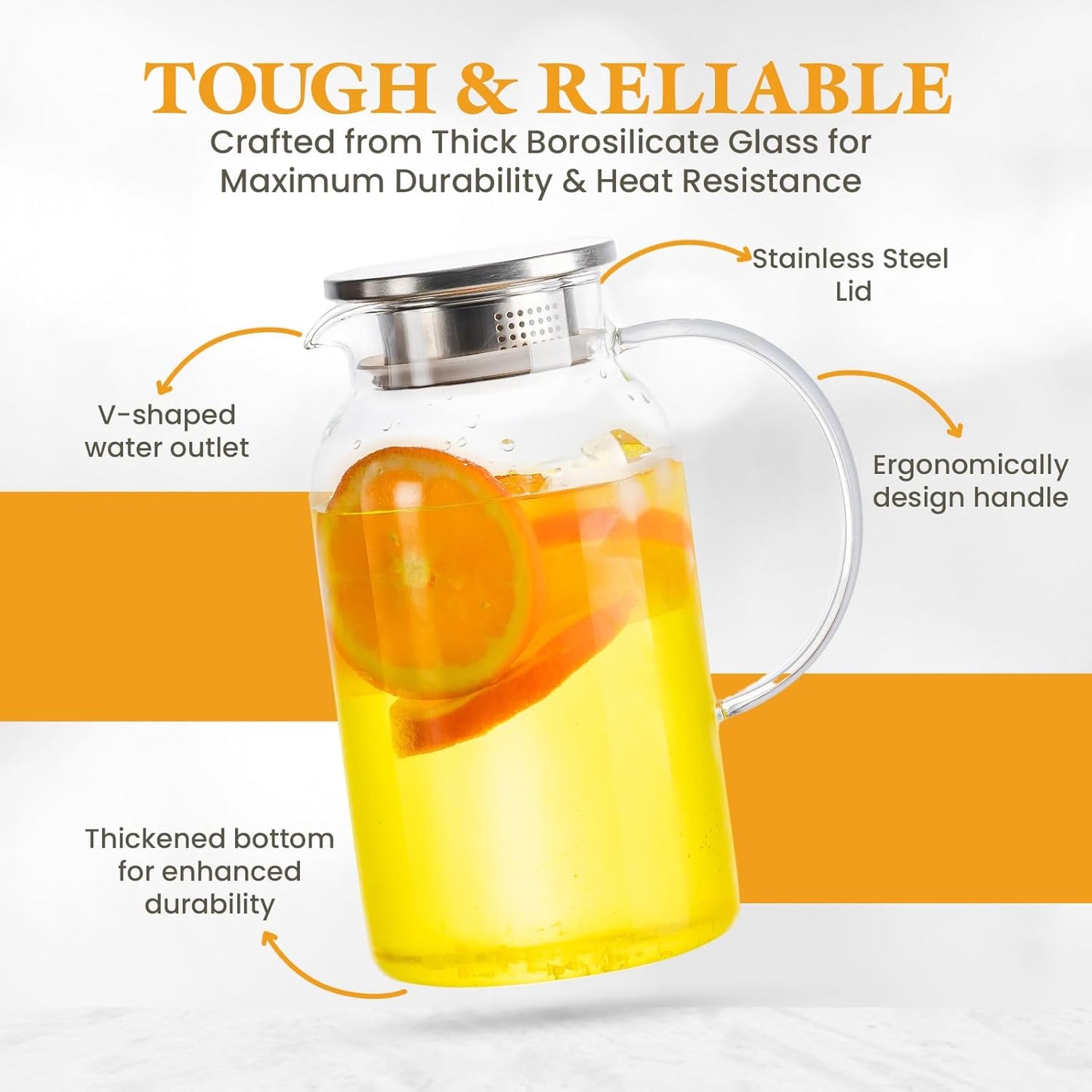 Round Glass Pitcher with Lid & Spout, 2 Pack 1.8L 60 Oz – Water Pitcher with Handle for Fridge, Brosilicate Glass Carafe Hot & Cold Drink, Large Jug for Icead Tea Coffe Juice, Jarra De Vidrio Con Tapa