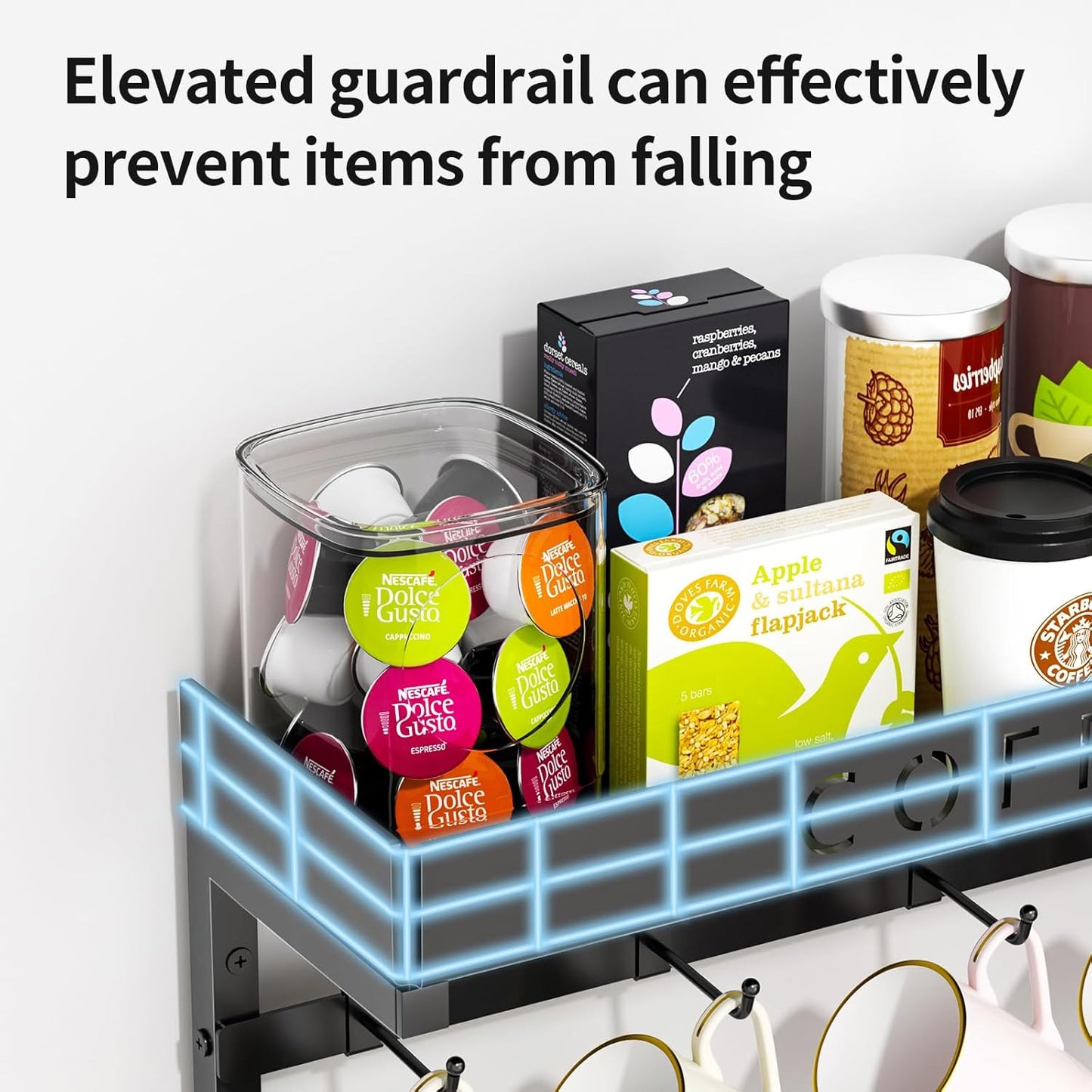 RCHYFEED Coffee Mug Holder Wall Mounted, Mug Rack Organizer for Home Kitchen Display and Collection, Metal Cup Holder Mug Tree with Adjustable 12 Hooks and Storage Shelf for Coffee Pods Sugar Bags