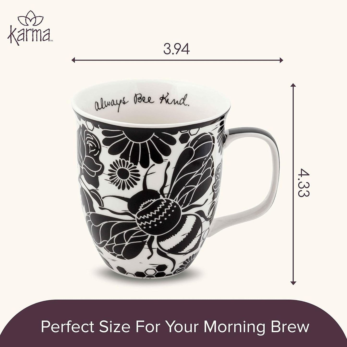 Karma Gifts 16 oz Black and White Boho Mug Bee - Cute Coffee and Tea Mug - Ceramic Coffee Mugs for Women and Men, 1 Count (Pack of 1)