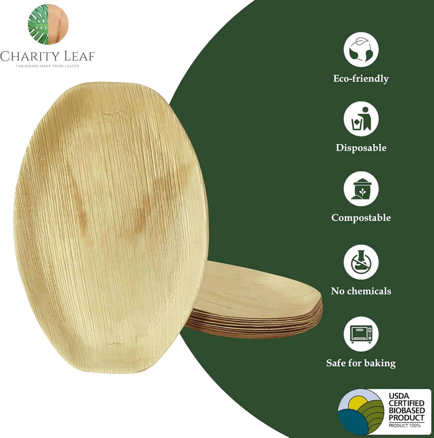 Charity Leaf Disposable Palm Leaf 15" x 10" Trays (100 pieces) Bamboo Like Serving Platters, Disposable Boards, Eco-Friendly Dinnerware For Weddings, Catering, Events