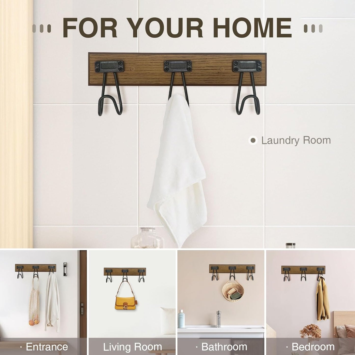 16" Wall Mounted Heavy Duty Label Hook Rack with 3 Hooks, for Hanging Coat, Hat, Jacket or Towel, Fit for Entryway, Hallway, Bedroom, Bathroom, Walk-in Closet and More - Brown/Black