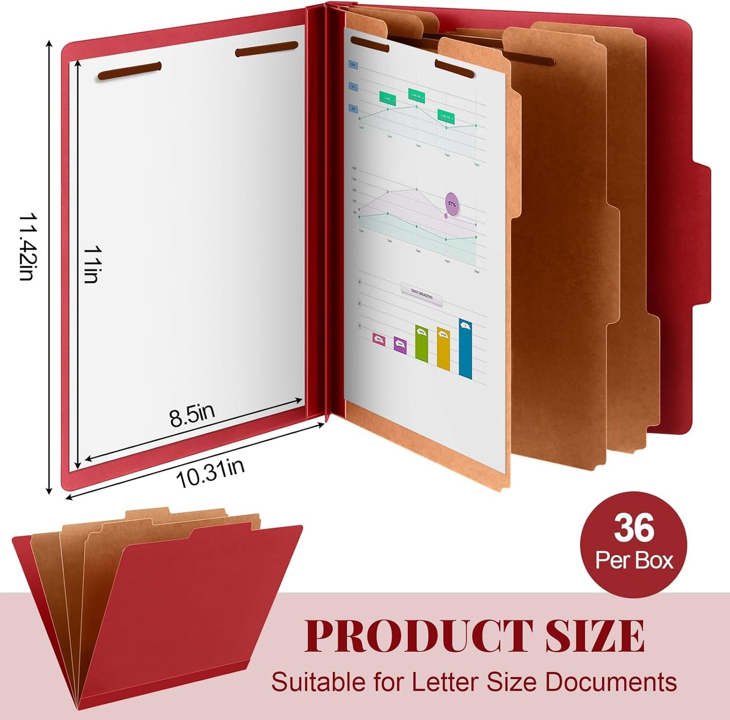 36 Pcs Classification Folders Letter Size, Back to School Supply for Teacher, Student, 3 Dividers Pressboard File Folder Bulk with 2 Fasteners, 3.5 Inch Expanding File Organizer (Red)