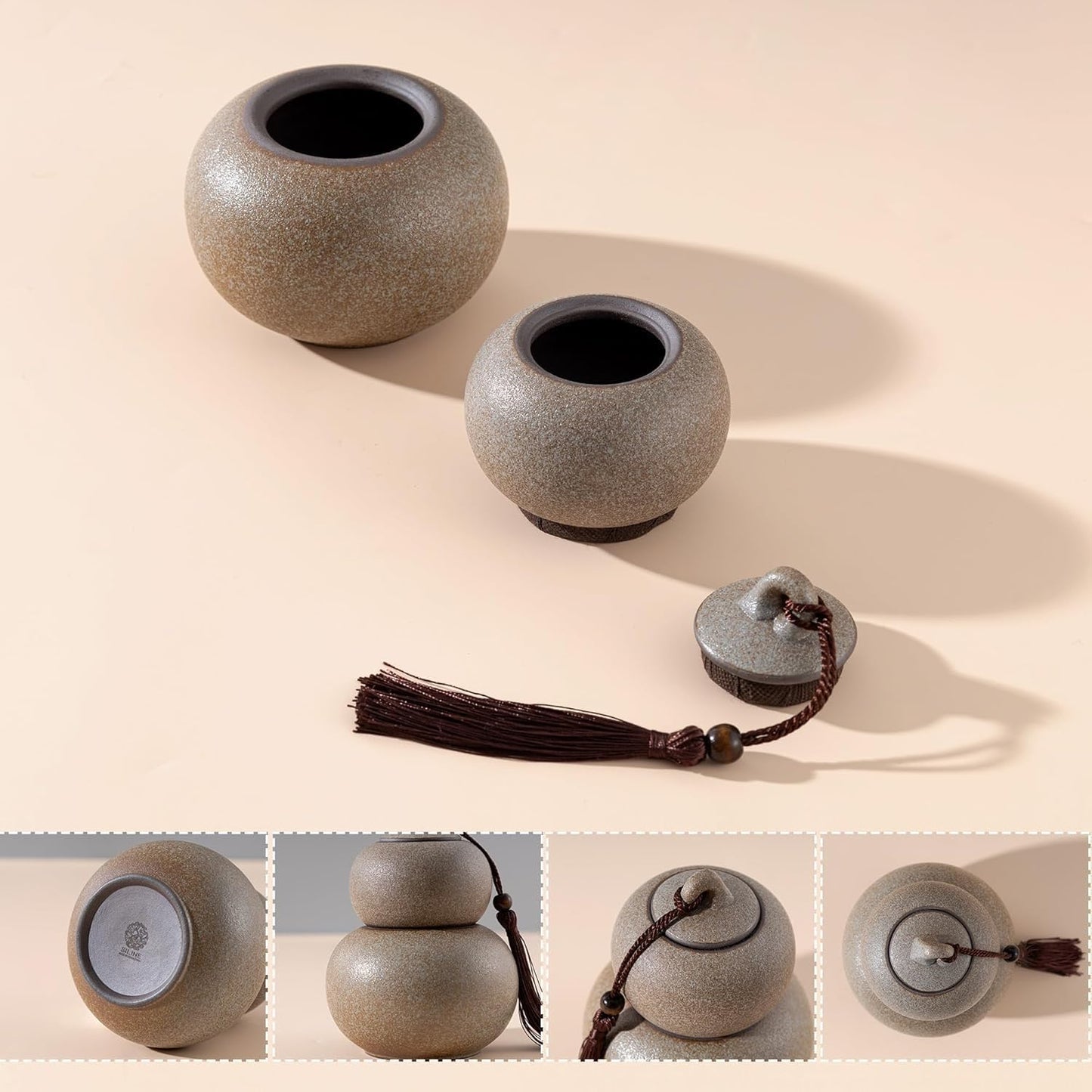 Ceramic Airtight Canister 22 Oz /660ml,Gourd Shap 2 Layers Loose Tea Candy,Food Storage Jar for Coffee,Beans,Herb,Spices,Nuts -Stone White