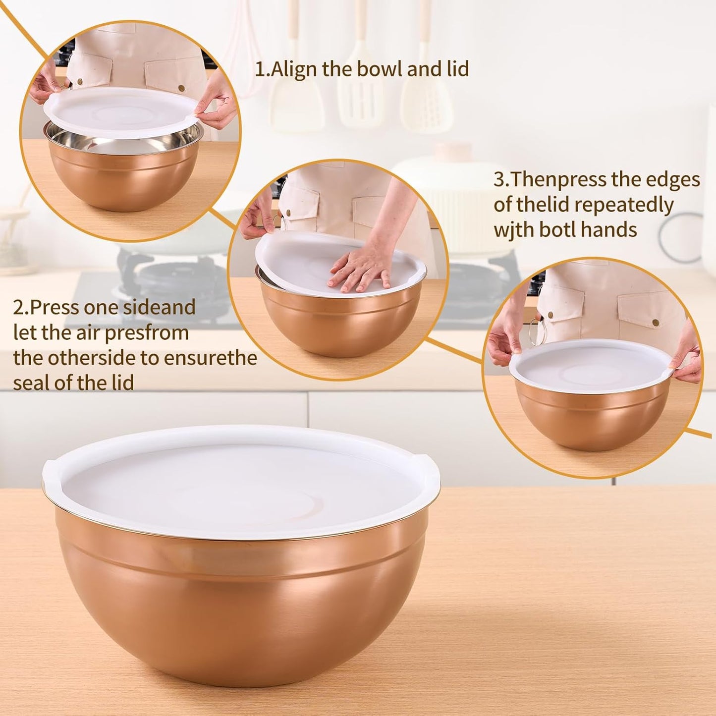 Rose Gold Mixing Bowls With Airtight Lids,Stainless Steel Bowl,Salad Bowls 7 Piece Colorful Nesting Bowl Rose Gold Kitchen Accessories,Size 7,3.6,2.7,2.1,1.5,1.1,0.8QT Stackable Design