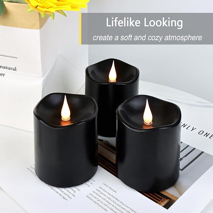 Black Flameless LED Candles, Halloween Candles Battery Operated with Remote Timer, 3D Moving Flame Flickering Last 600+ Hours, 3" x 3" Real Wax Electric Candle for Gothic Home Decor