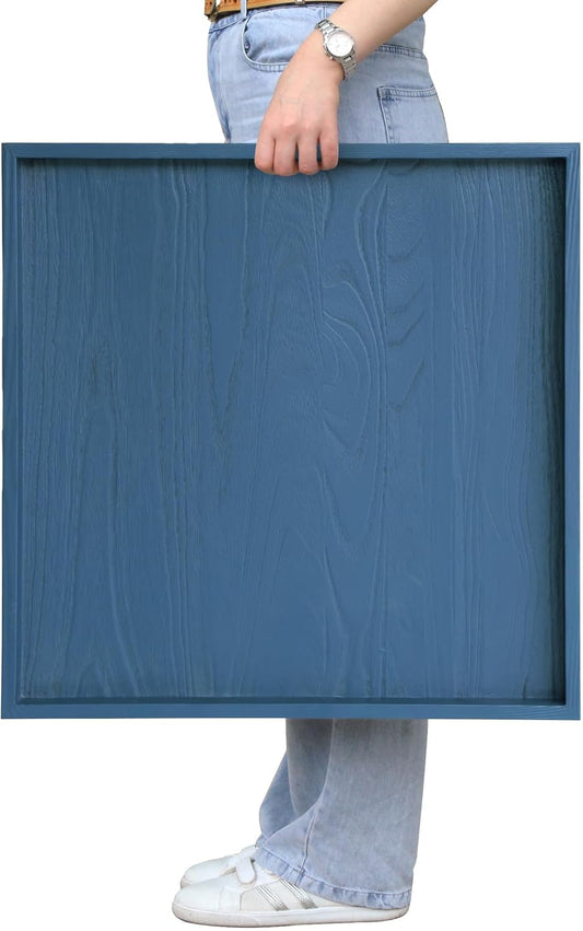 Square Ottoman Table Tray 24" - Rustic Wooden Serving Tray for Farmhouse Decorative Oversized Coffee Table Trays Living Room Kitchen Counter Breakfast Blue