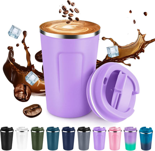 Volhoply 12 oz Double Wall Insulated Vacuum Travel Coffee Mug with Flip Lid,Reusable Stainless Steel Leak Proof Coffee Cup,Portable Cafe Thermal Tumbler Suitable for Hot & Cold Drinks(Purple,1 Set)
