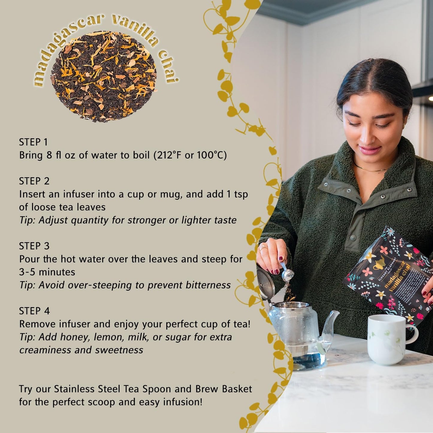 Madagascar Vanilla Chai Tea, Organic Loose Leaf Chai Tea – Black Tea with Chai Spice Blend – Great Hot or Iced Chai Latte – 8 oz Resealable Bag (Makes 100 Cups) – The Elegant Elephant