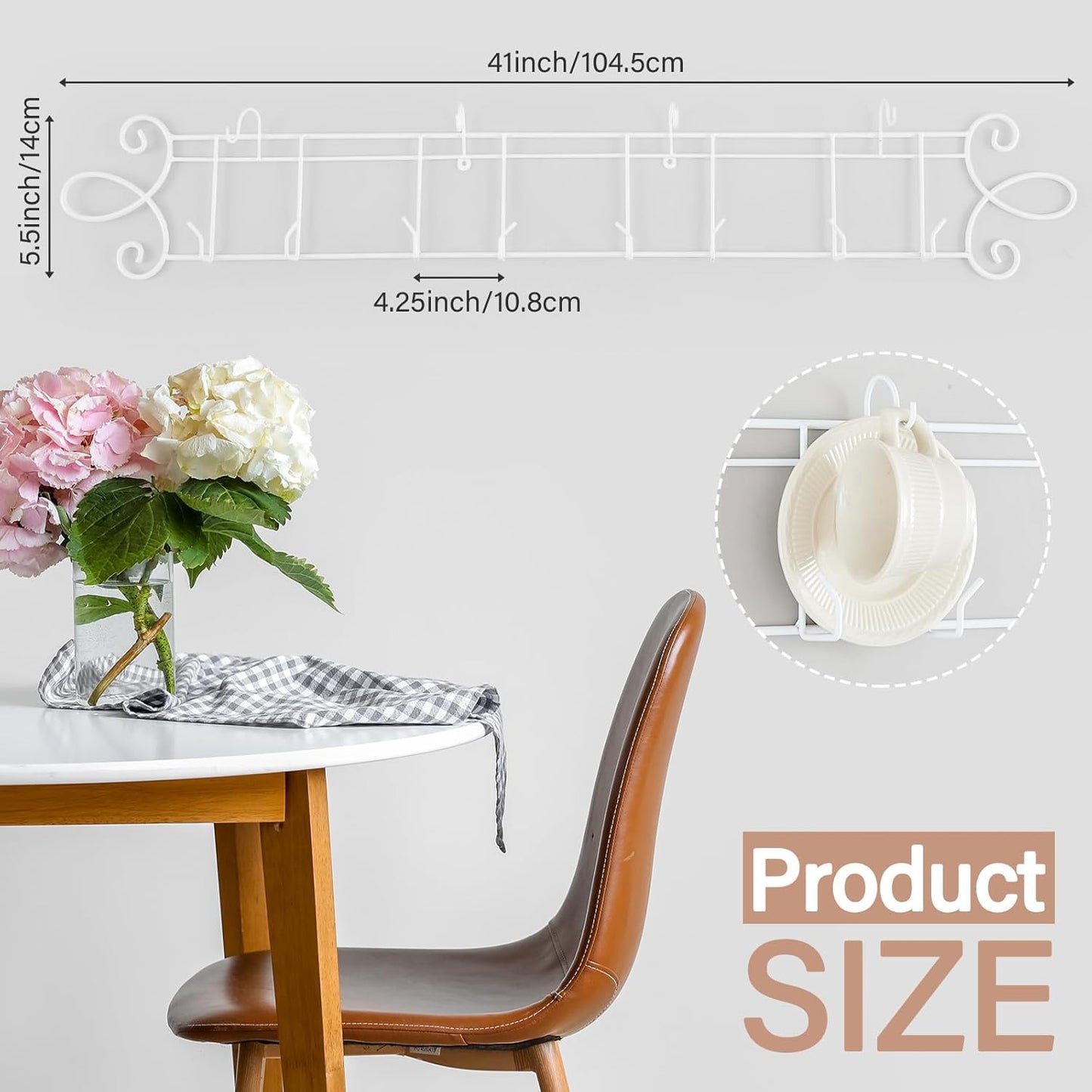 Blulu 2 Pcs 4-Tier Tea Cup & Saucer Display Stand - Horizontal Wall Mounted Organizer, Farmhouse White Brackets for Coffee Mugs/China Plates, Decorative Wall Plate Hangers, 45'' x 5.5''