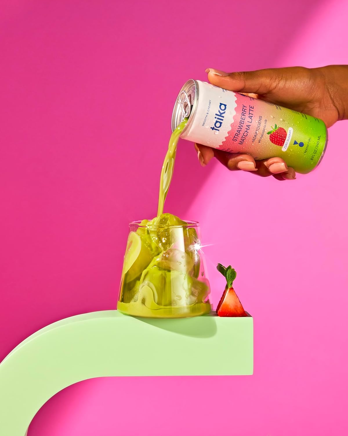 Taika Strawberry Matcha Latte - Ready to Drink Hot & Cold Brew Strawberry Matcha Latte in Cans - Organic Ceremonial Grade Matcha w/Ashwagandha, Lions Mane, & L-Theanine - 8 Fl Oz (Pack of 12) (8 Fl Oz (Pack of 12), Strawberry Matcha Latte)