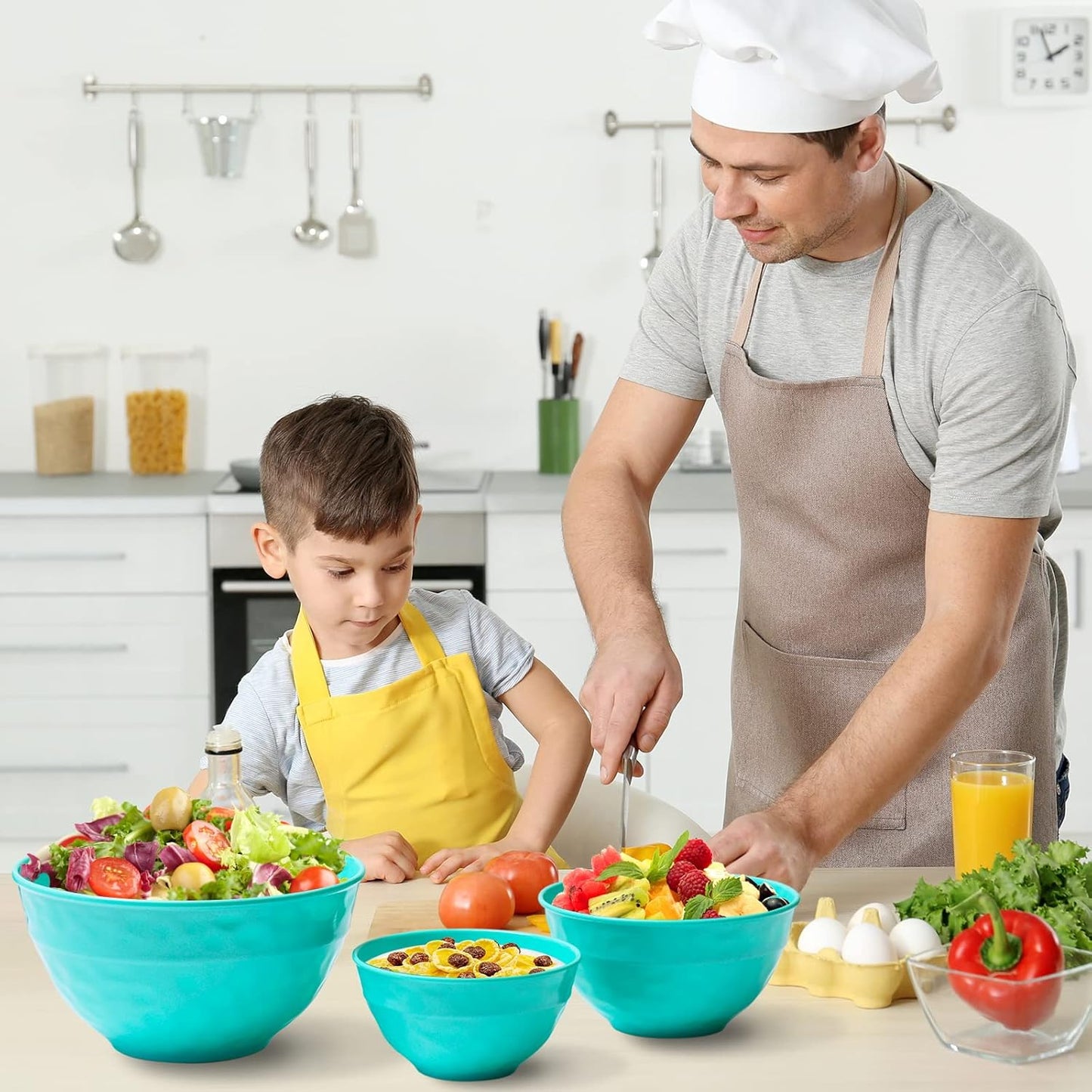 TP Mixing Bowl Set with Lids, 6-Piece Melamine Nesting Bowls Set for Pasta Baking Salad Mixing, Set of 3, Glossy Turquoise