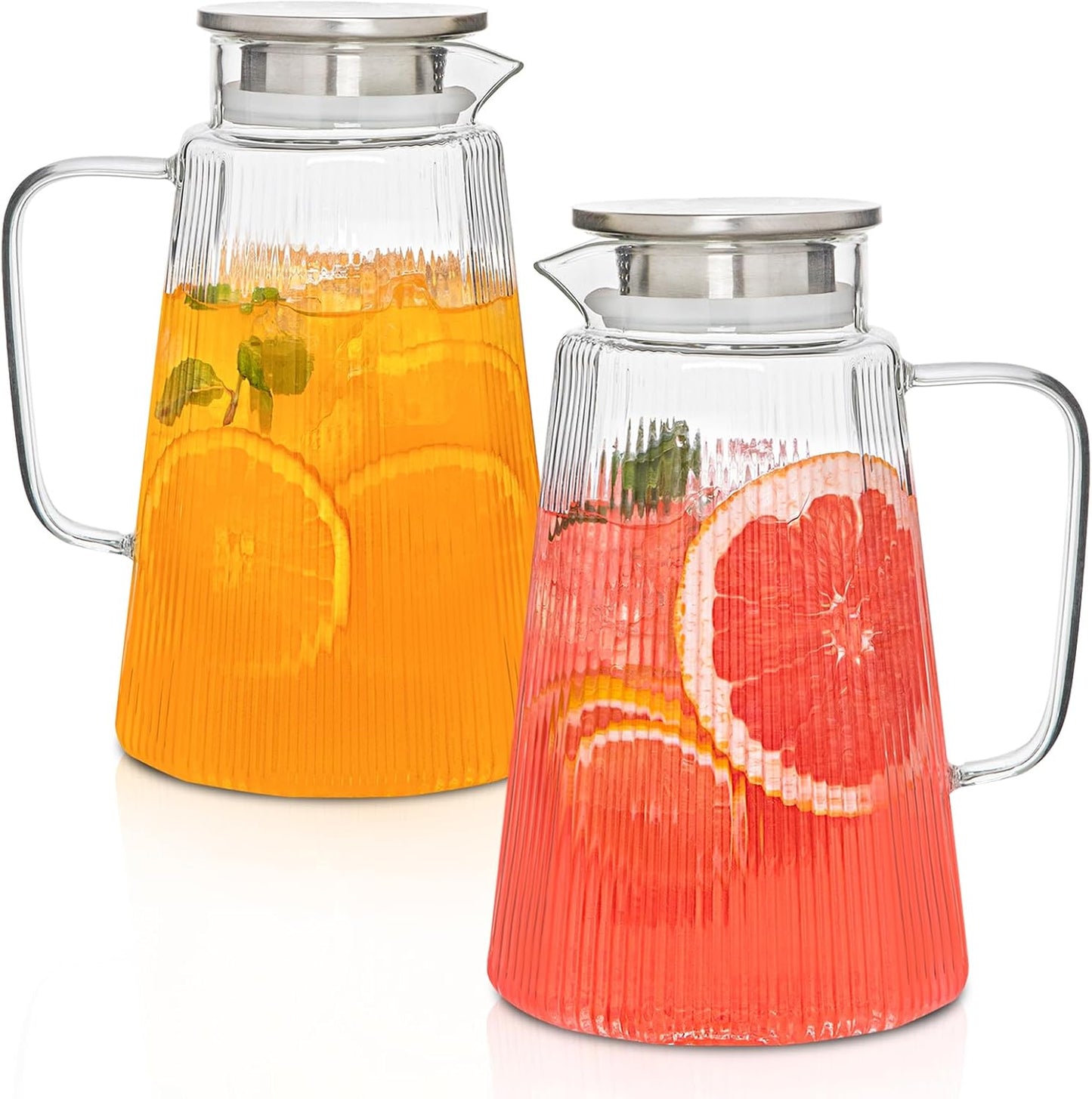 [2 Pack] Ribbed Glass Pitcher Set – 71oz Heat-Resistant Beverage Jugs with Lid for Water, Iced Tea, Juice, Coffee – Large Borosilicate Carafes for Hot & Cold Drinks, Elegant Serving Pitchers