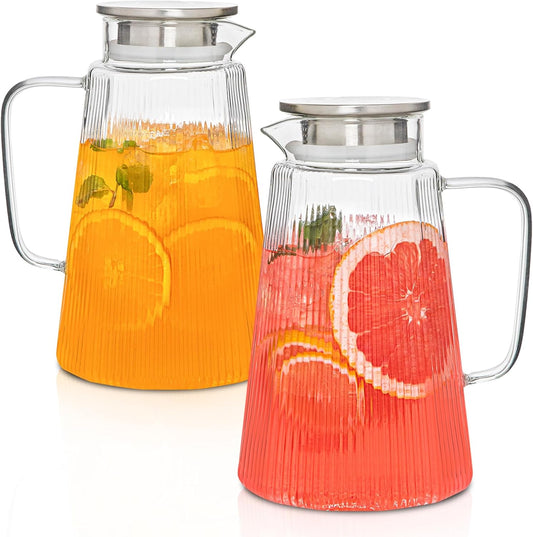 [2 Pack] Ribbed Glass Pitcher Set – 71oz Heat-Resistant Beverage Jugs with Lid for Water, Iced Tea, Juice, Coffee – Large Borosilicate Carafes for Hot & Cold Drinks, Elegant Serving Pitchers