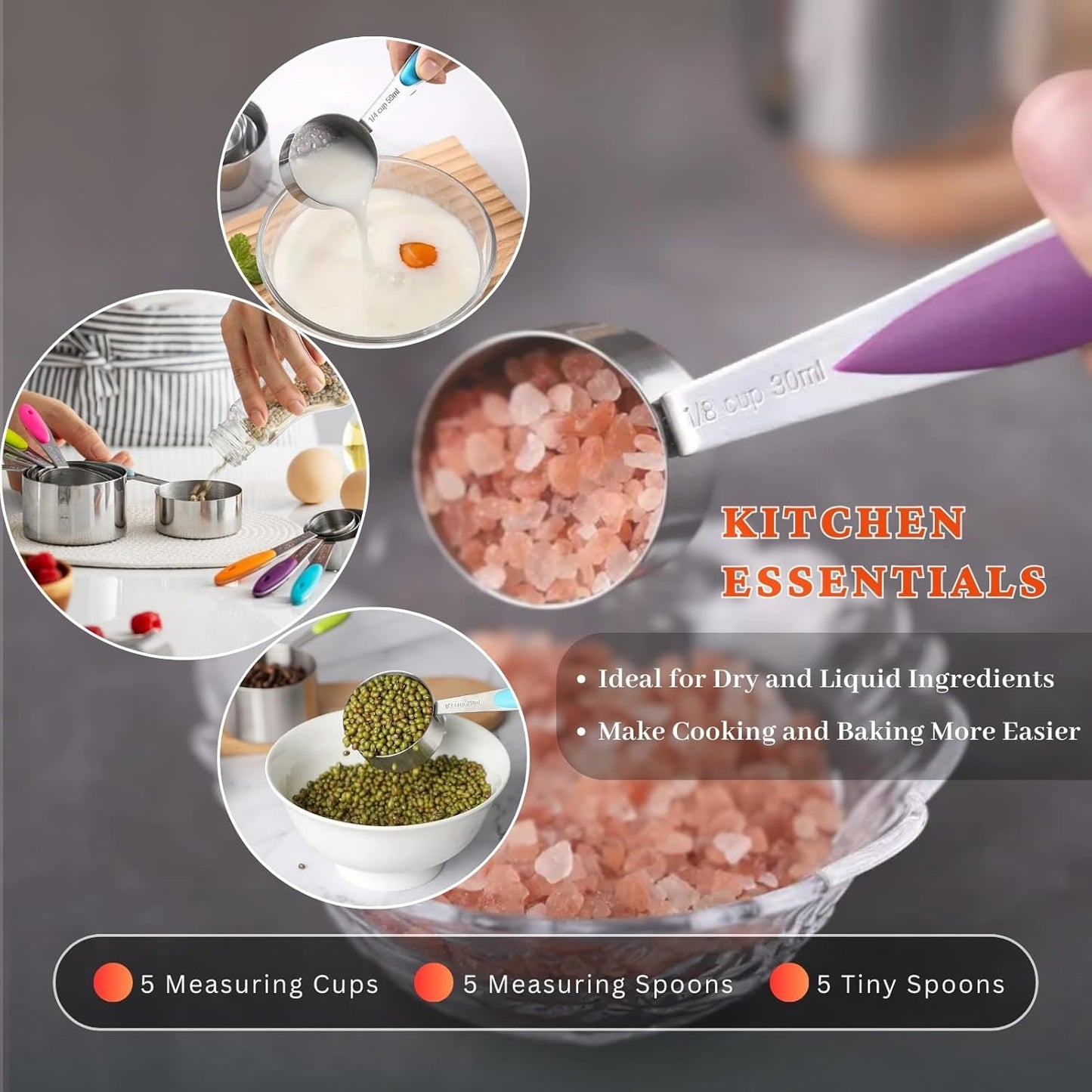 Measuring Cups and Spoons Set of 15, Include 5 Stackable Stainless Steel Cups, 5 Measuring Spoons and 5 Tiny Spoons, Metal Measuring Cups Set with Colored Silicone Handles for Cooking & Baking