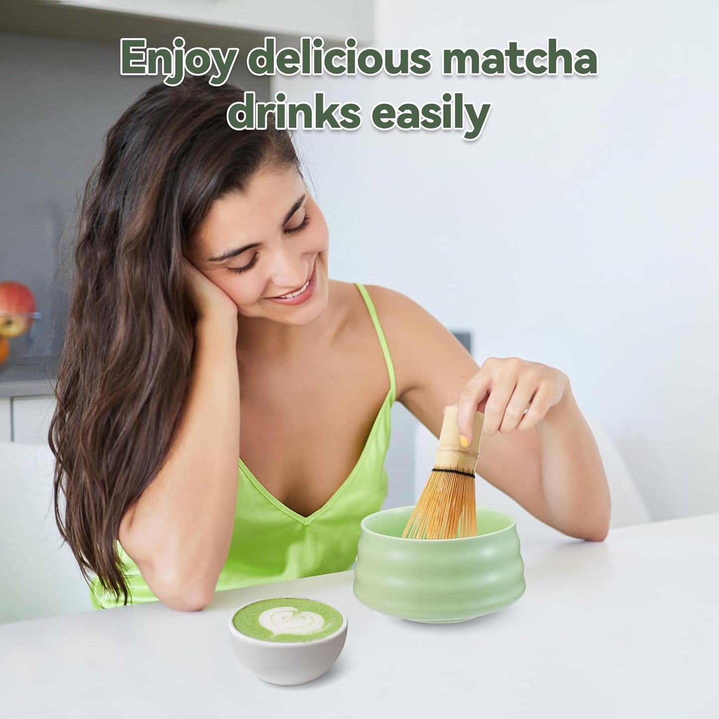 Japanese matcha set, matcha whisk and bowl, matcha sieve, matcha whisk holder, and matcha spoon - 8pcs Matcha Set (green)