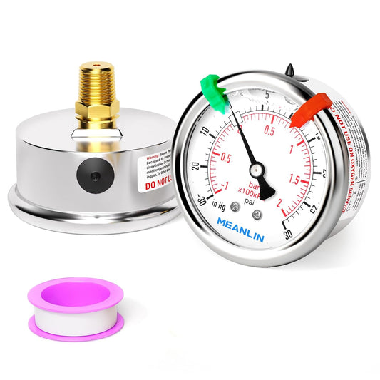 MEANLIN MEASURE -30inHG~30Psi Vacuum Pressure Gauge 1/4" NPT 2.5" FACE DIAL, Stainless Steel Liquid Filled Pressure Gauge WOG Water Oil Air Center Back Mount (with 2PCS Snaps)