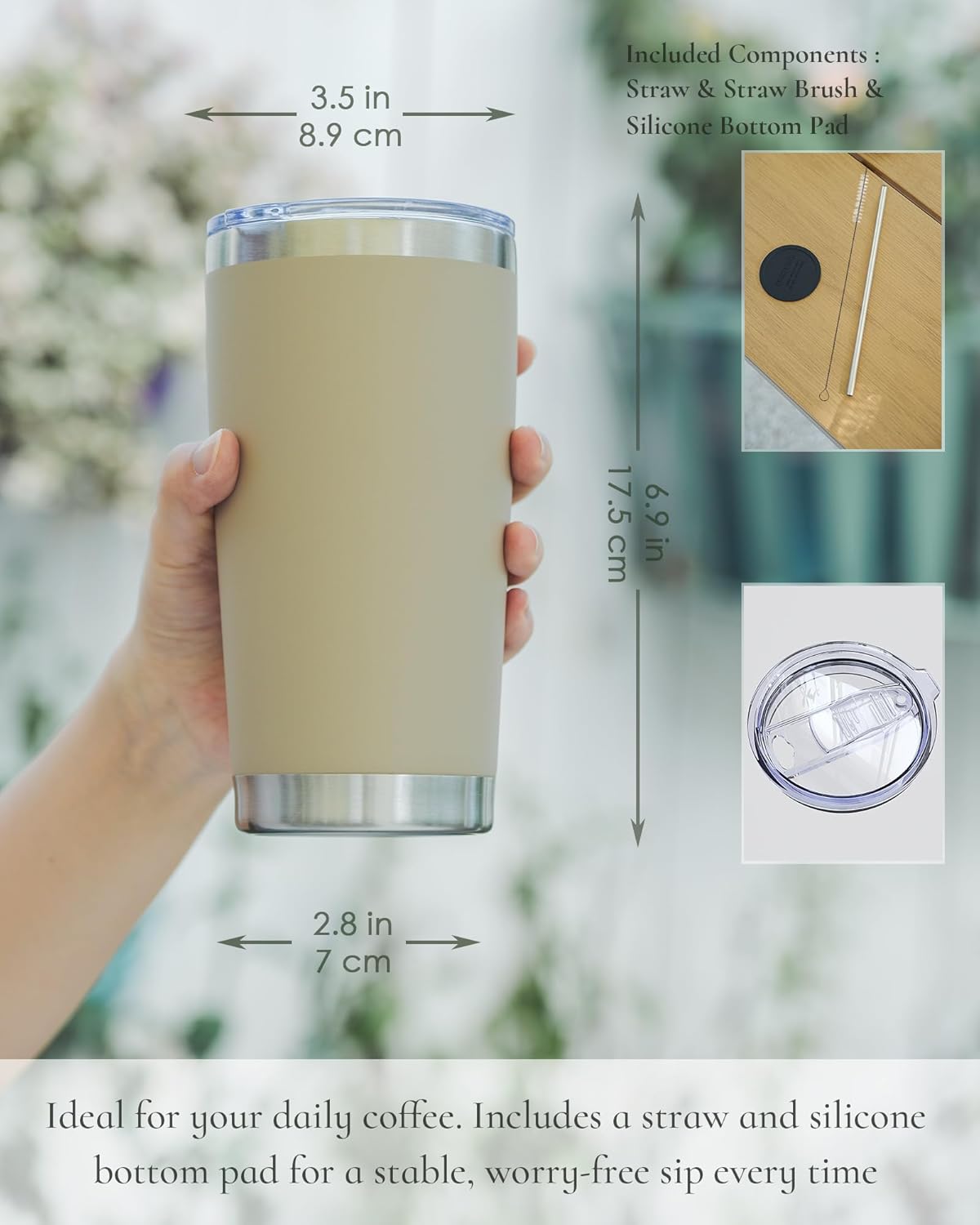 Travel Coffee Tumbler 20oz, 8 Pack Leakproof Travel Coffee Mug with Lid and Straw, Stainless Steel Double Wall Vacuum Insulated Tumbler for Hot/Iced Drinks (Textured Matte, Brown)