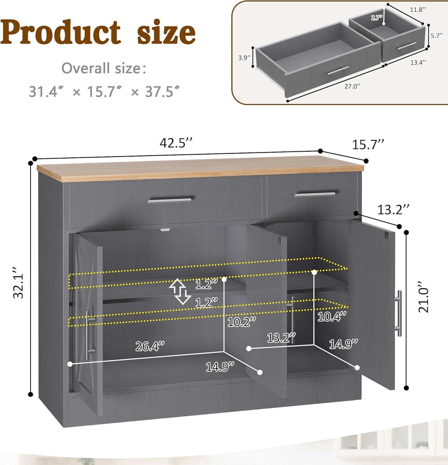 Vongrasig 43” Sideboard Buffet Cabinet with Storage, Farmhouse Coffee Bar with Drawers and Shelves, Wood Buffet Table for Kitchen Dining Room, Living Room, Grey