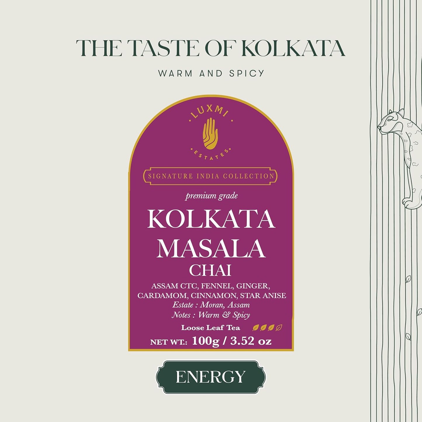 Luxmi Estates Kolkata Masala Chai | 100 gm | Signature India Collection | Assam CTC Tea | Black tea collection | Organic Strong tea | Antioxidants | Assam Valley tea | Fennel, Ginger Tea, Cardamom, Cinnamon, Star Anise