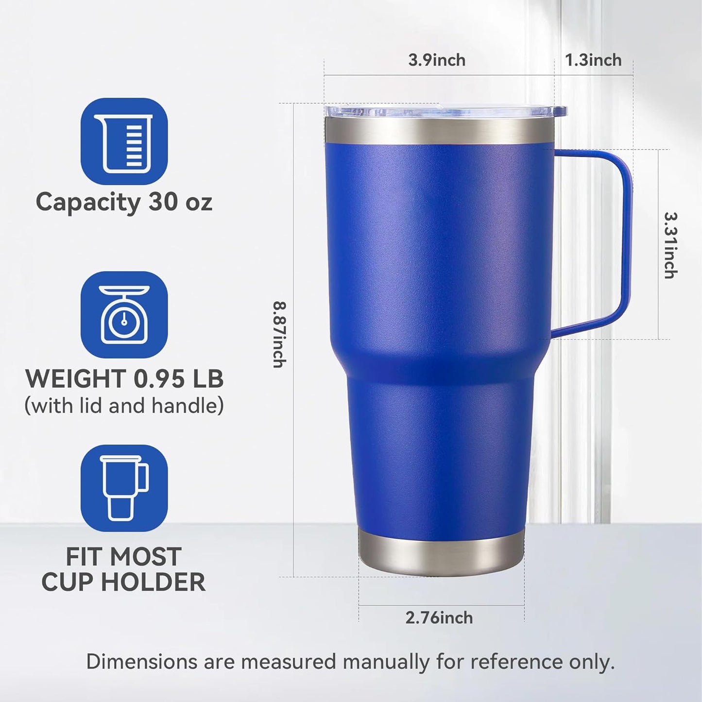 30 oz Tumbler with Handle and Lid, Stainless Steel Tumblers Bulk Double Wall Vacuum Insulated Travel Mug Leak Proof Cup Keep Drinks Cold and Hot Blue, 8 Pack