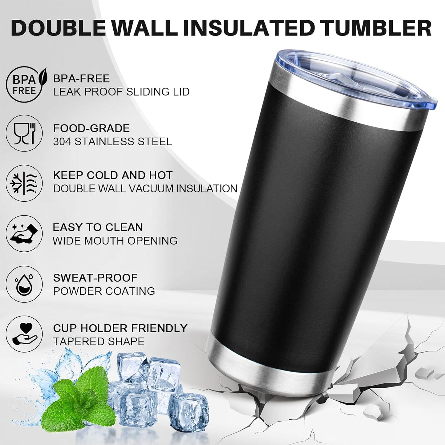 20oz Tumbler with Lid Double Wall Vacuum Insulated Travel Coffee Mug Stainless Steel Thermal Cup Powder Coated Sturdy Coffee Tumbler for Hot and Cold Beverage (Black,1)