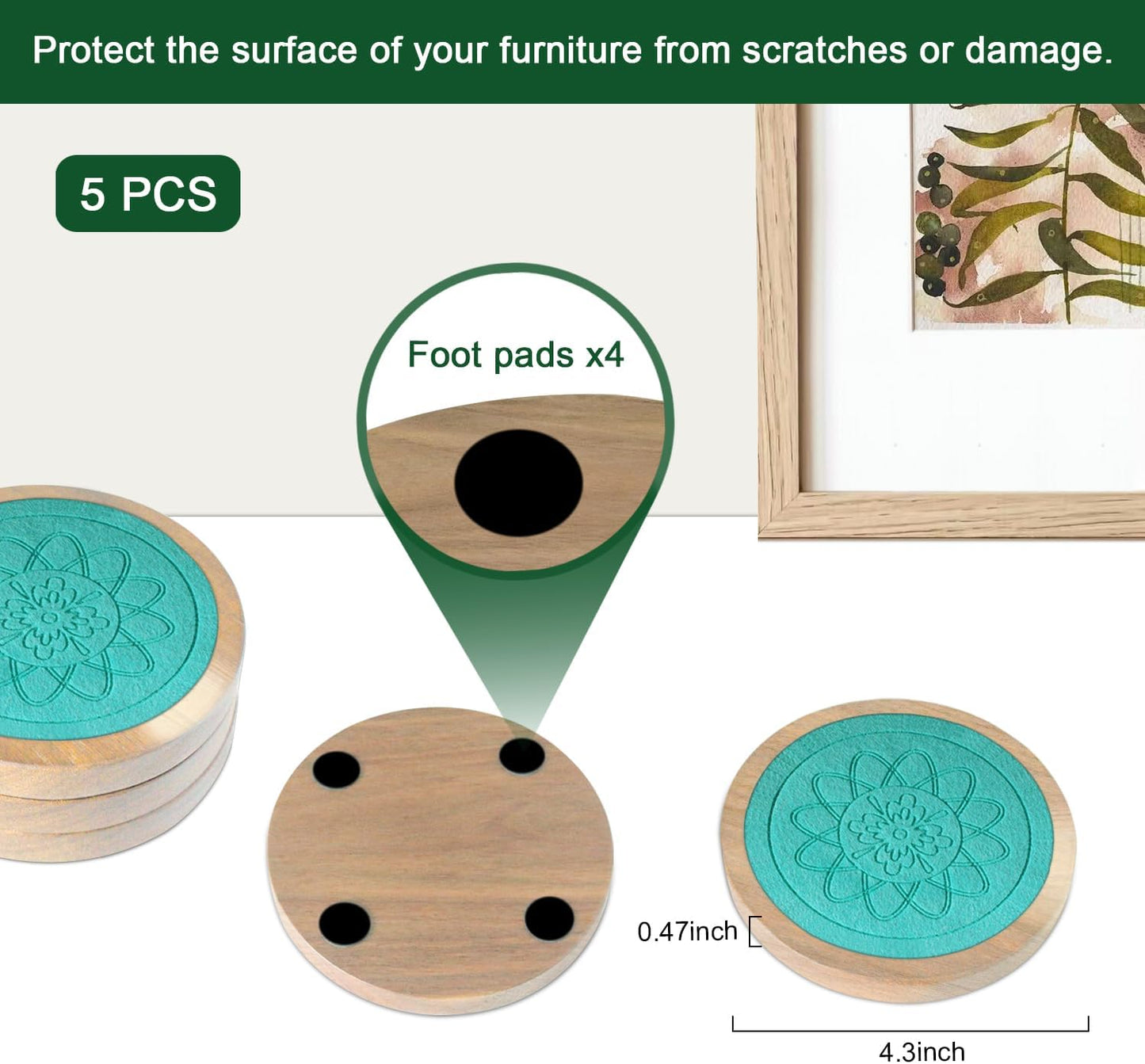 Wood Coasters for Drinks, Minacun Absorbent Coaster Sets of 5, Drinks Coasters for Coffee Tabletop Protection, Non-Slip, Non-Stick, Suitable for Kinds of Cups Wooden Table Drink, 4.3 Inches Lake Blue