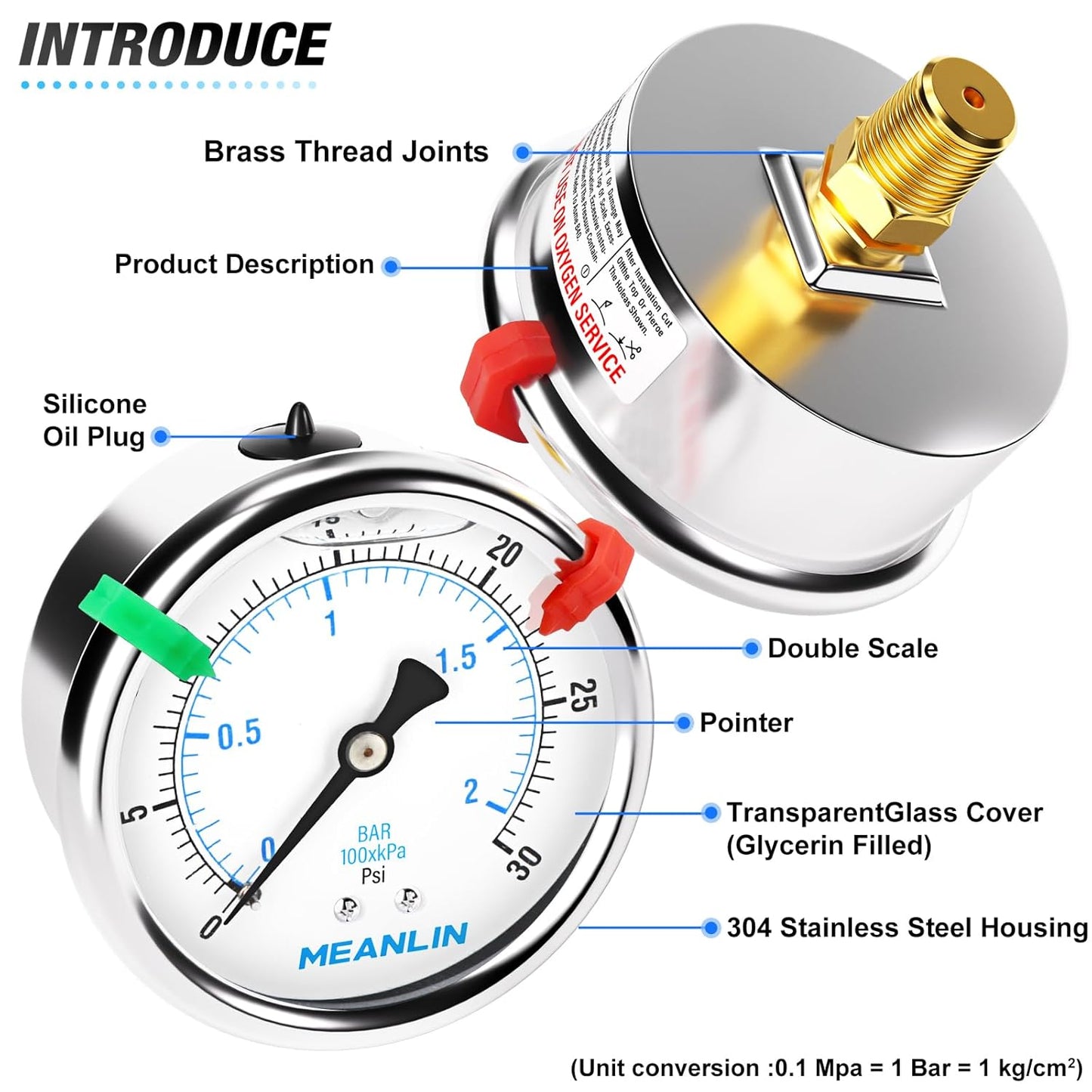 MEANLIN MEASURE 0~30Psi Liquid Filled Pressure Gauge 1/4" NPT 2.5" FACE DIAL Stainless Steel Glycerin Filled WOG Water Oil Air Back Mount (with 2PCS Snaps)