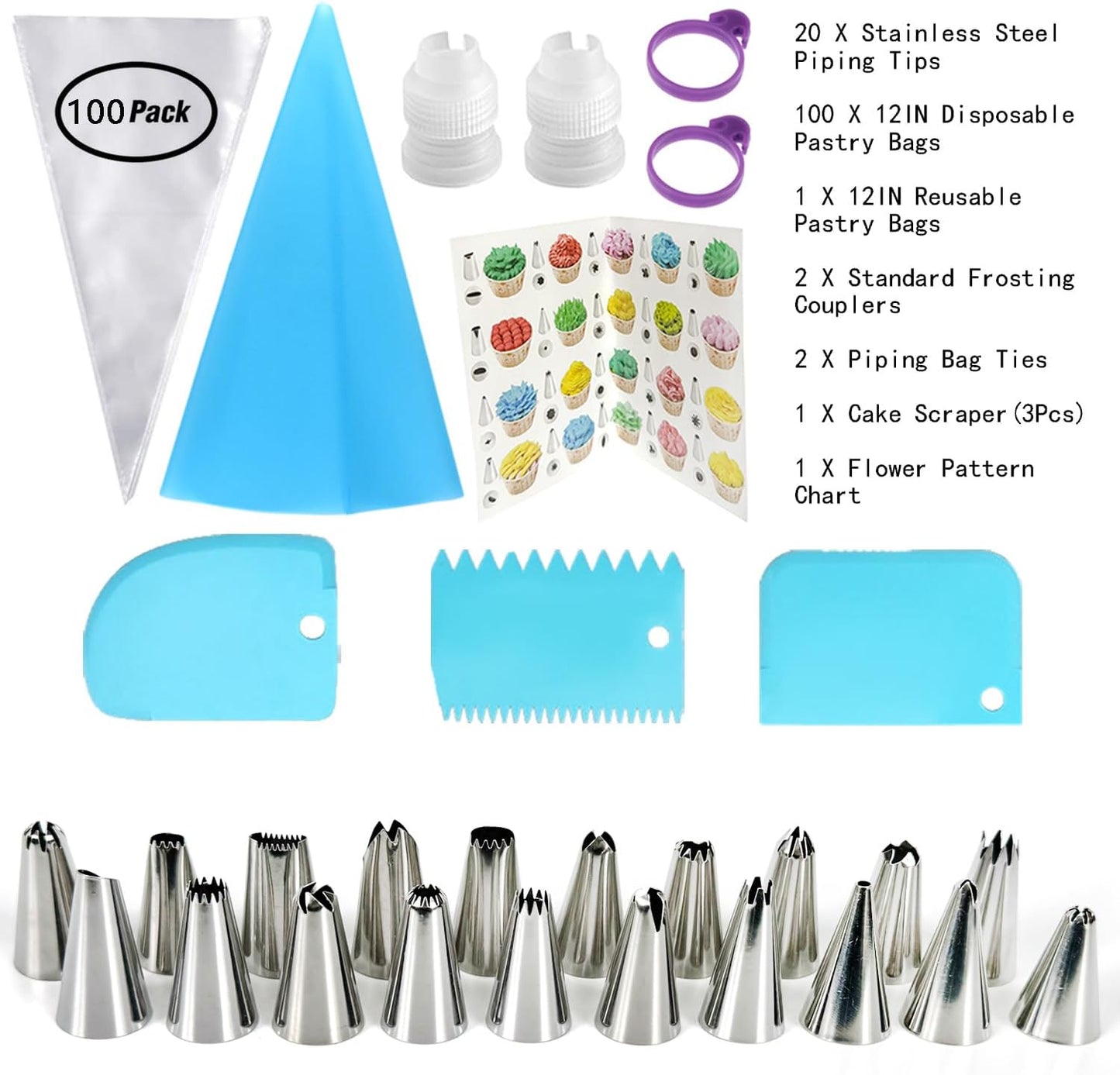 Piping Bags and Tips Set, 100PCS 12 Inch Disposable Pastry Bags with Tips Cupcake Frosting Piping Kit Cookie Decorating Supplies, Royal Icing Bags and Tips Set for Cake Decorating Baking Tools