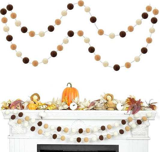 TBD Decor 2pk Pom Pom Garland 13FT Colorful Large Felt Ball Garland Fall Decoration for Mantle,Indoor Holiday Wedding Birthday Party Supplies(White Brown,4cm)