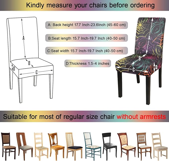 JQinHome Spider Halloween Chair Slipcover,Web Black Chair Covers Set of 6, High Stretch Washable Chair Protector Cover for Dining Room, Kitchen,Home Party,Wedding Ceremony(Spider,6PC)
