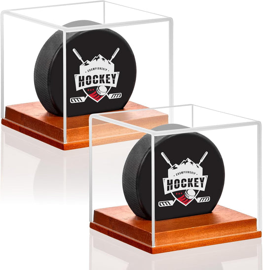 Hockey Puck Display Case, Pucks Display Cases with Wooden Base, Acrylic Clear Box - Hockey Memorabilia Storage Holder, for Enthusiasts & Collectors & Fans (2 Pack, Square)