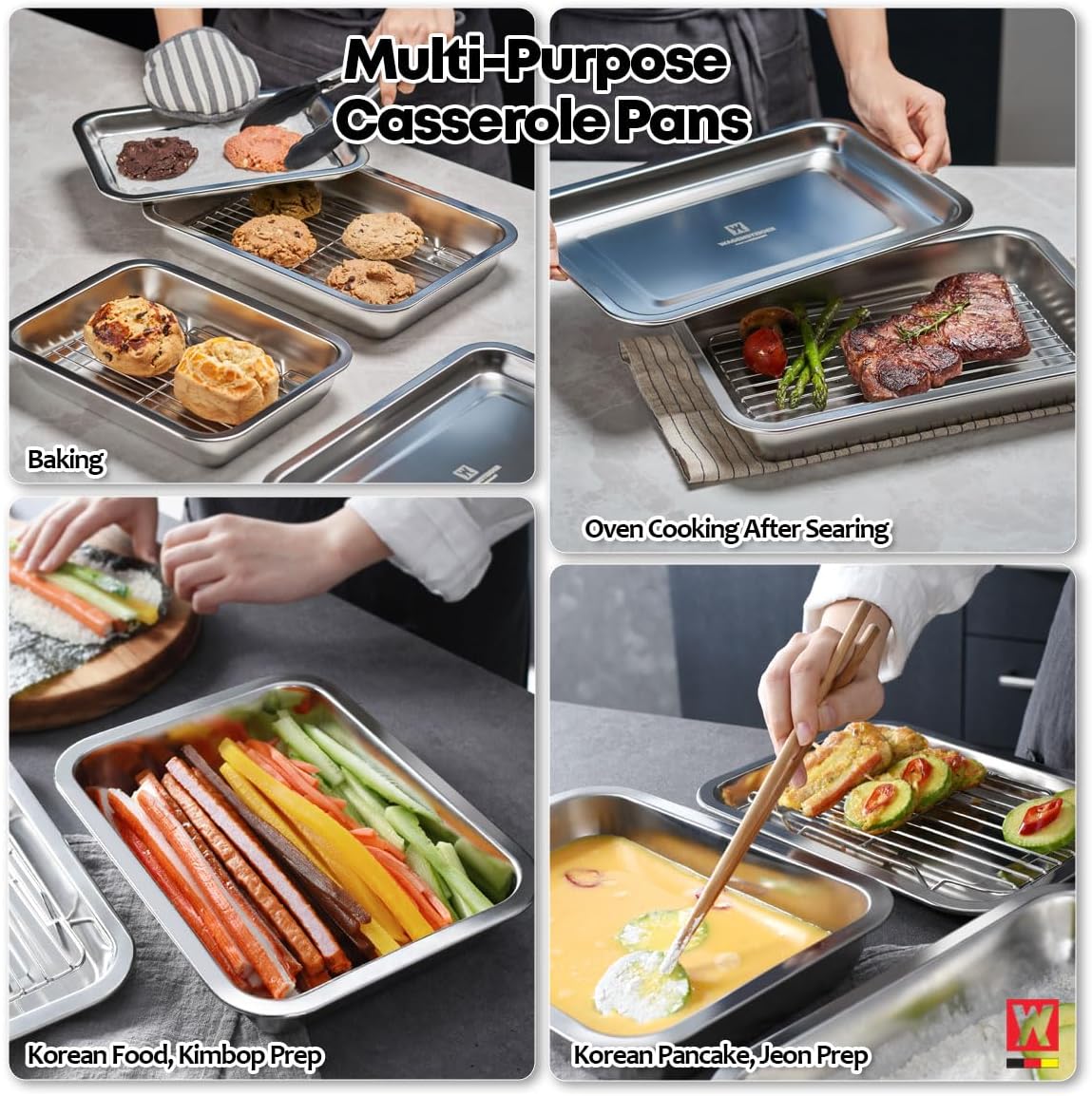 Stainless Steel Casserole Pan or Food Prep Container with Rack & Lid (Tray), 3.5Quarts, Buffet Party Pans, Roasting Pan with Rack, Bakeware, Roaster, Oven-safe, Freezer-friendly (1306 / No6)