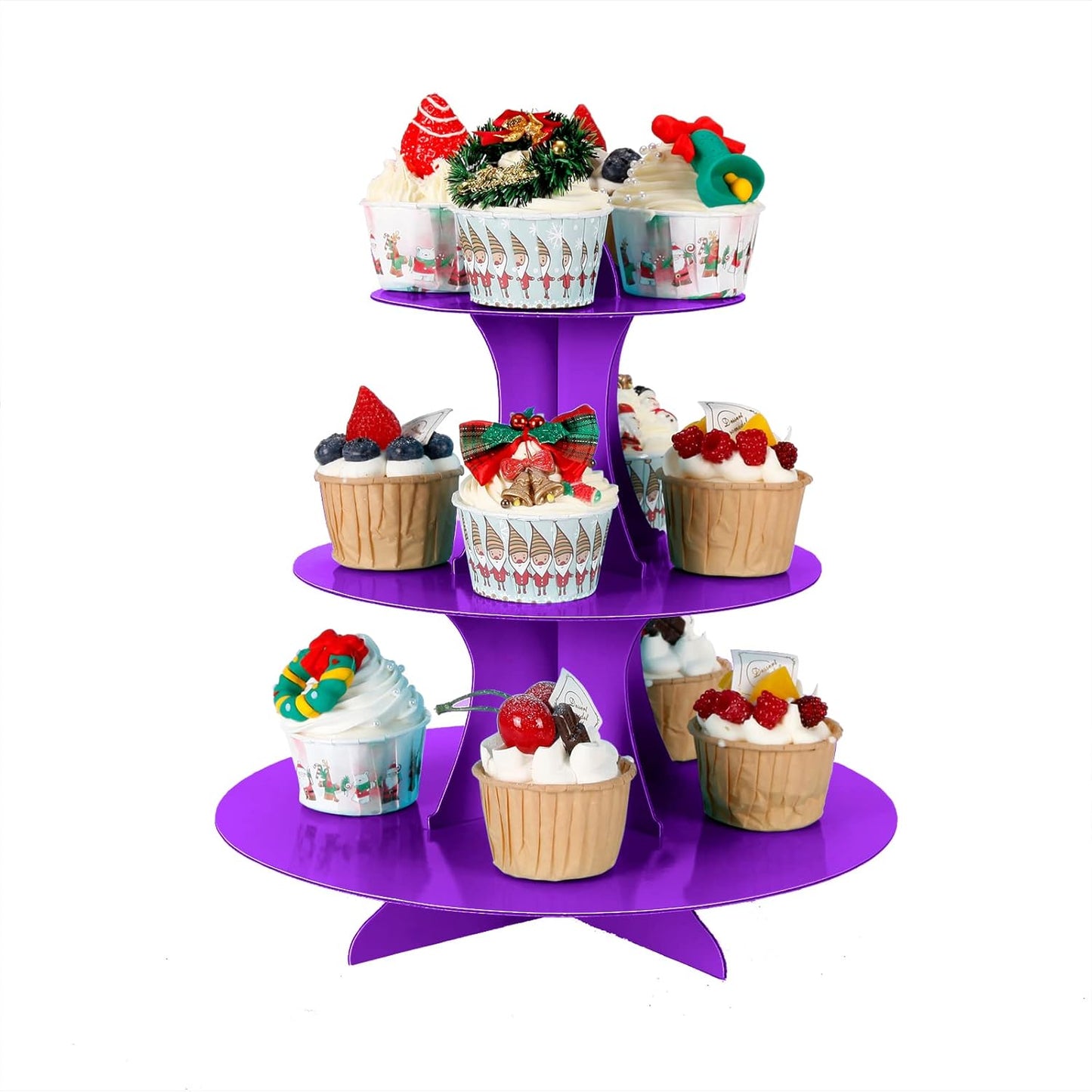 2Pcs 3-Tier Cupcake Stand, Cake Stand holder, Tiered DIY Cupcake Stand Tower for Dessert Table Displays, Birthday Theme Party Favors Decoration, Floral Tea Party, 12" W x 12.8" H, Purple