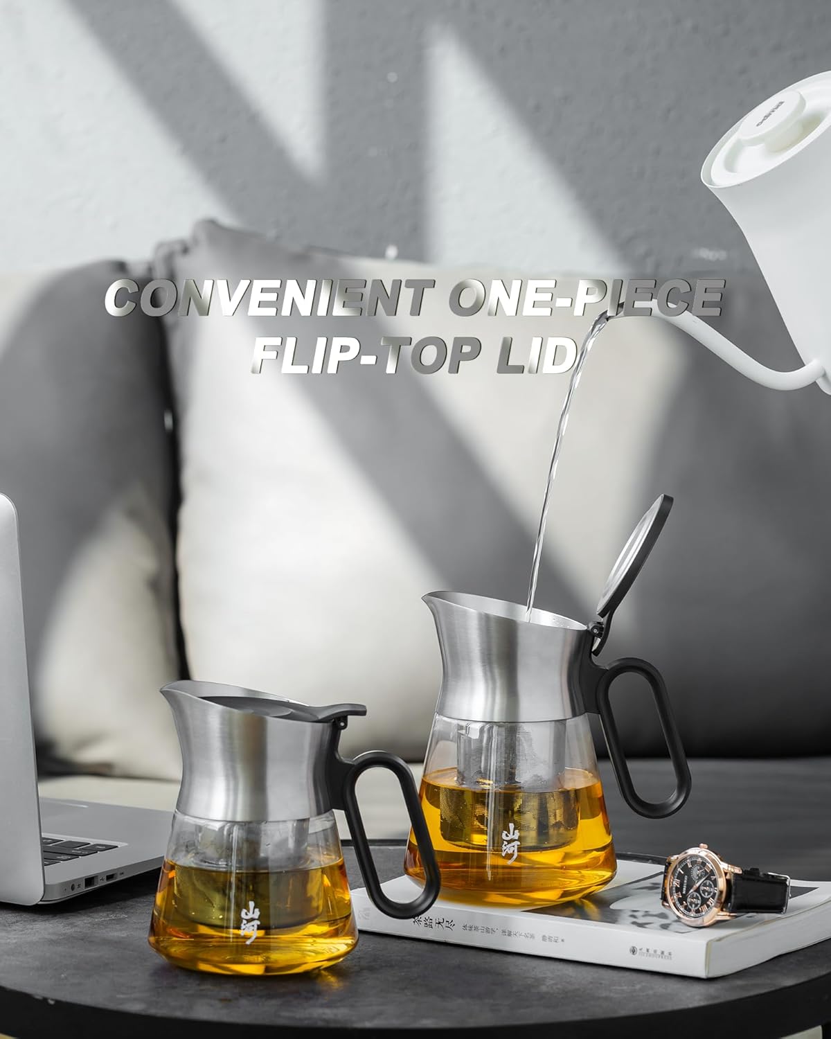 ZENS Design Glass Teapot with Infuser, 23 oz Small Loose Leaf Tea Steeper Pot with Stainless Steel Spout for Hot Tea Steeper, Oval Handle Clear Tea Pot with infusers for Loose Tea Lovers Gifts