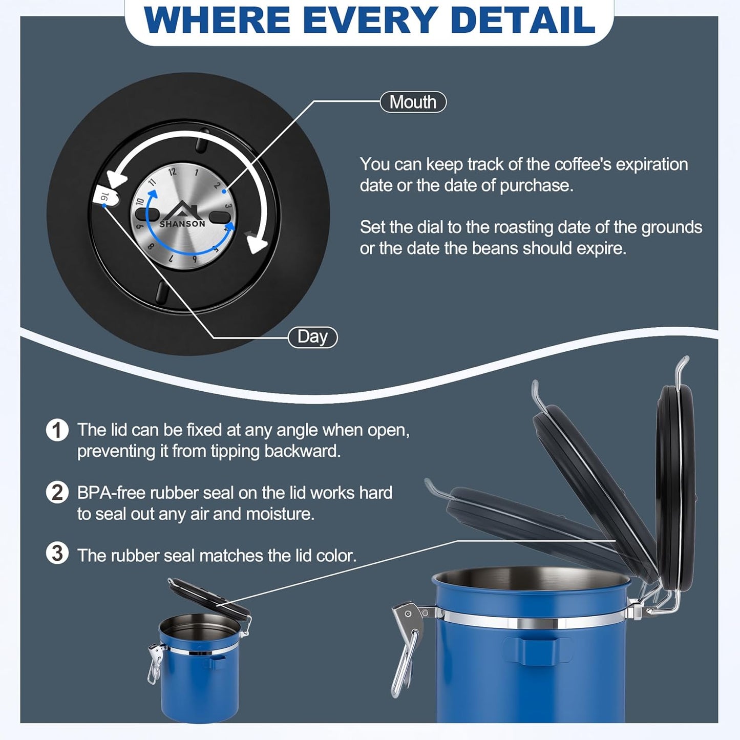 ShanSon Coffee Canister Airtight Coffee Container Stainless Steel Coffee Bean Storage Container with Scoop Coffee Canister for Beans Grounds Sugar Flour Tea Cereal,22OZ,Blue