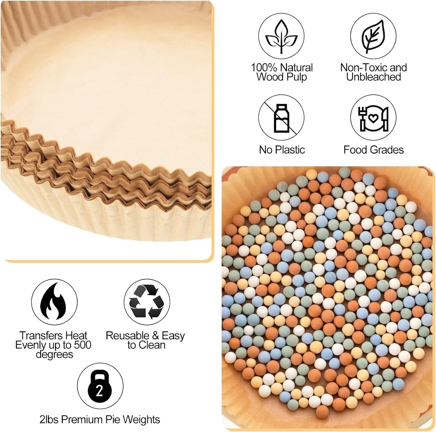 1 Pack Multi Color 2 lb Pie Weights for Baking Crust Ceramic Weights Blind Baking Beads with 50 Pcs Disposable Parchment Paper Pie Liner Fit 8,9,10 Inch Dish