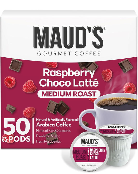 Maud's Raspberry Chocolate Flavored Coffee Pods, 50 ct, Medium Roast Flavored Coffee in Recyclable Single Serve Pods – 100% Arabica Beans, Compatible with Keurig K Cups Maker