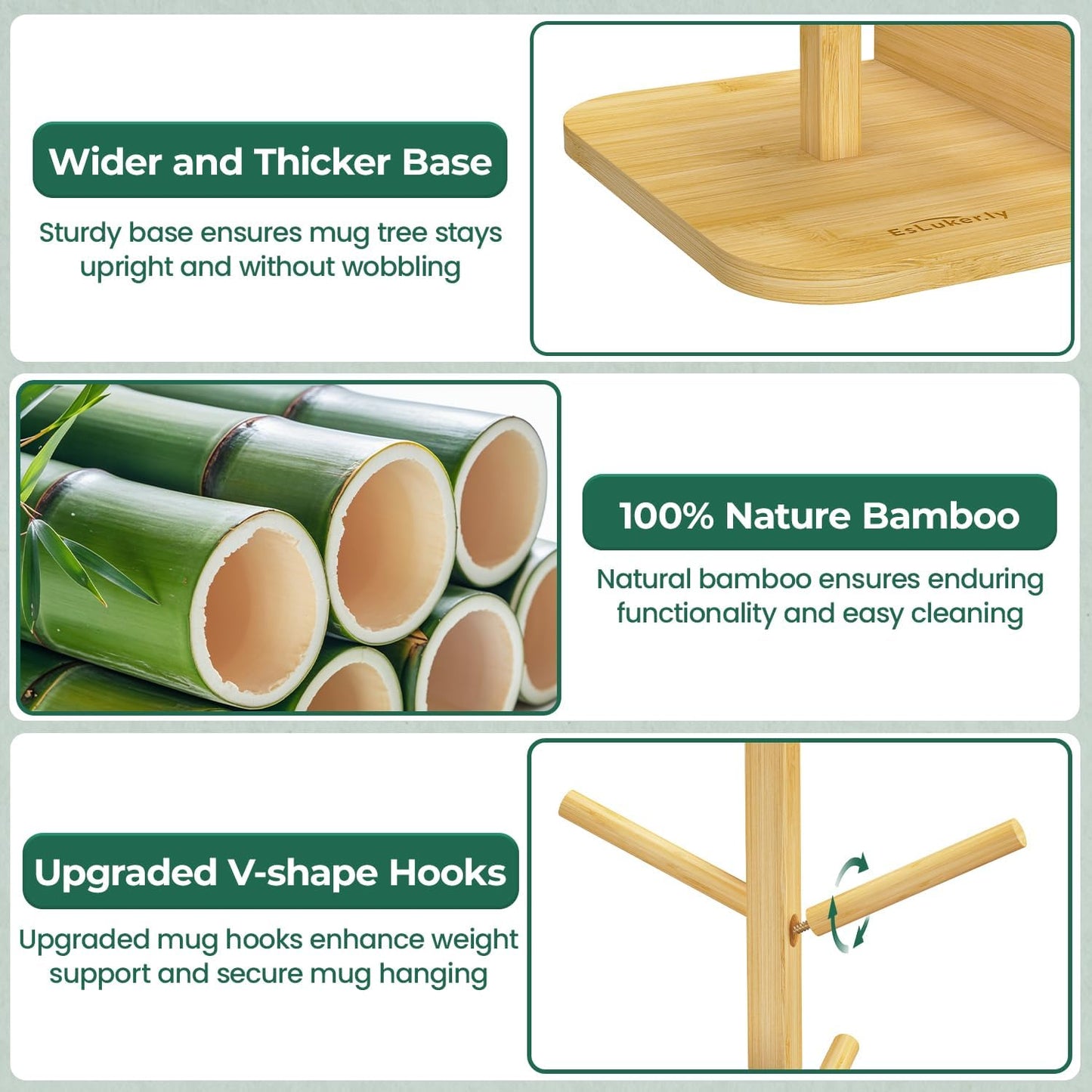 EsLuker.ly Mug Tree Holder Stand, Countertop Bamboo Coffee Cup Organizer Rack for Kitchen Office, Space-Saving Coffee Station Bar Organizer with 6 Hooks, Modern Design Enhances Decor