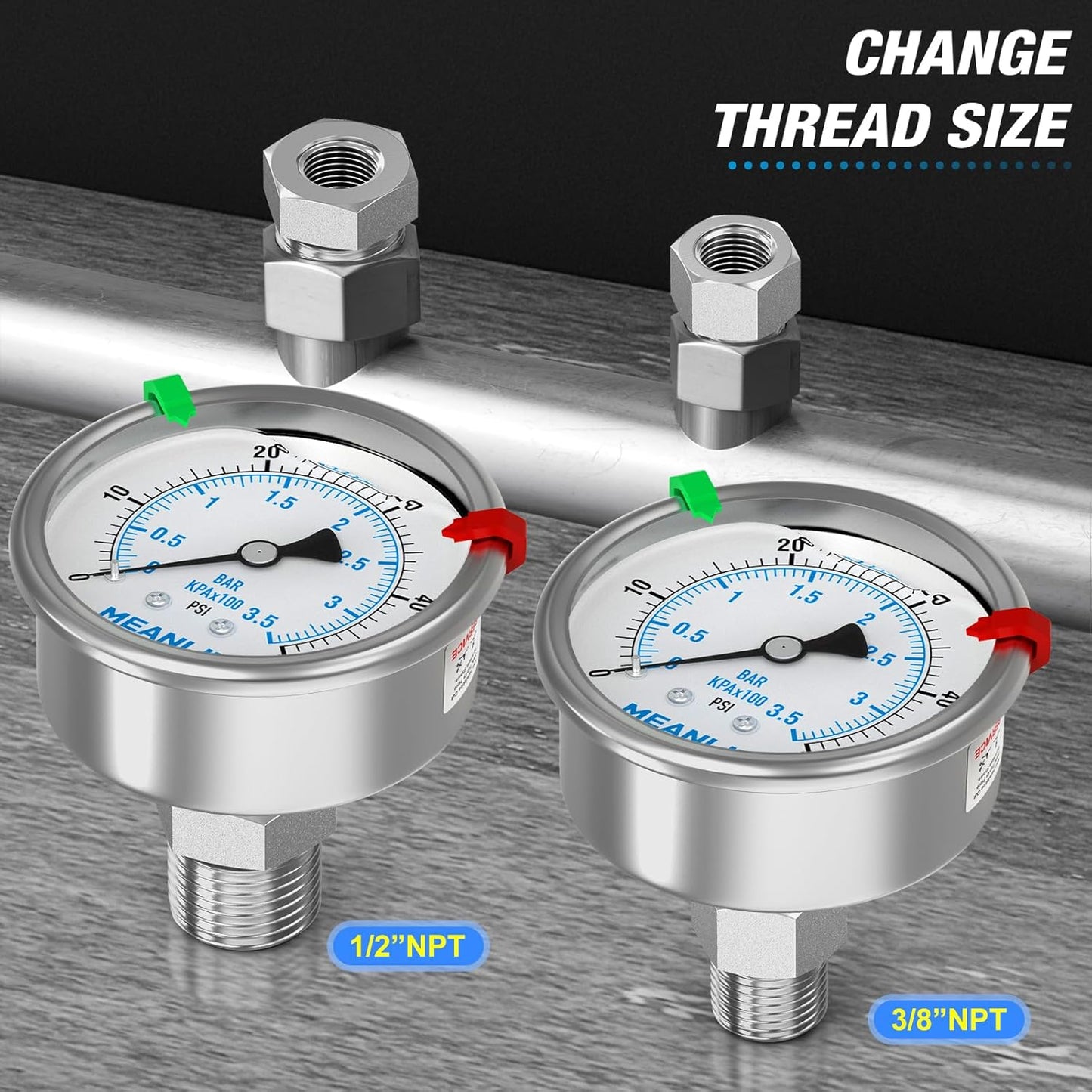 MEANLIN MEASURE 0~50Psi Stainless Steel Liquid Filled Pressure Gauge 2.5" FACE DIAL 1/4" NPT for Pool Sand Filter Water Oil Air Pressure Test Back Mount with Stainless Steel Hex Bushing and Snaps