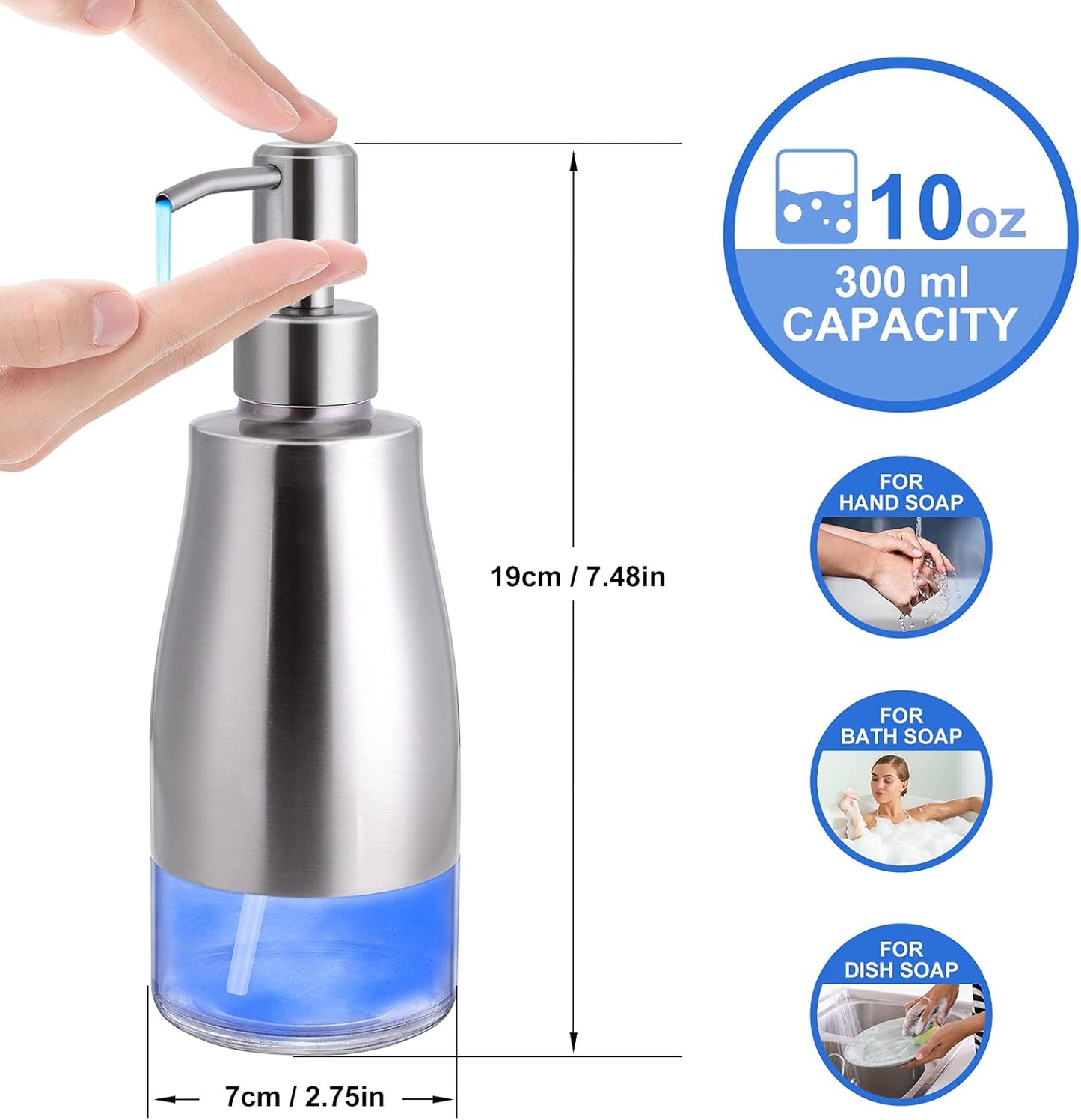 Non-Slip Soap Dispenser with Brushed Nickel Stainless Steel Case, Glass Liner, and Hand Pump for Kitchen/Bathroom. Refillable Liquid Soap Dispenser, 11oz/320ml Capacity.