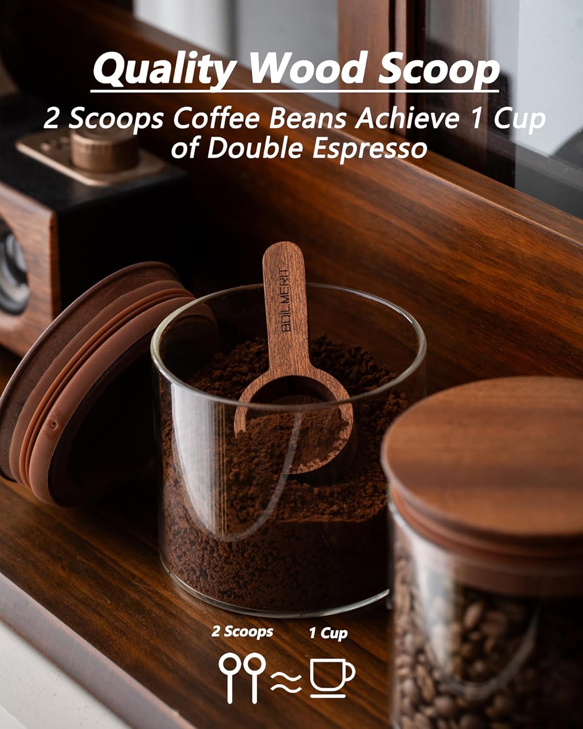 17 oz Coffee Canister with Scoop and Wooden Lids, Airtight Glass Coffee Beans Storage Container Sets of 2 for Ground Coffee,Food Storge Jars for Ground Coffee Bar Cereal Snack