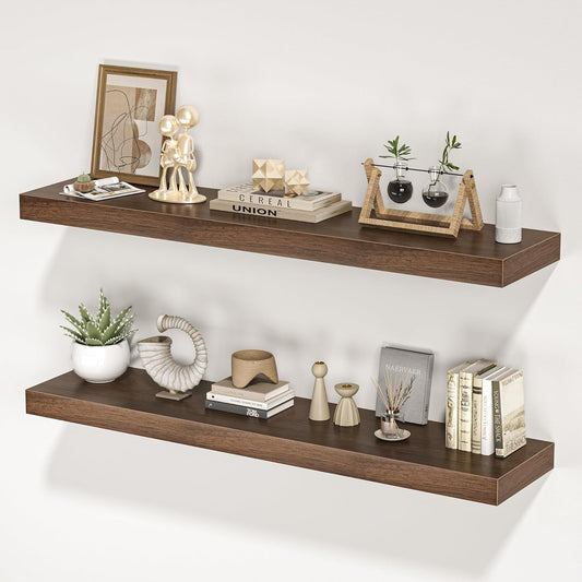 Floating Shelves for Wall, 40" W x 8" D x 1.5" H, Wooden Wall Mounted Display Shelves with Invisible Brackets for Living Room, Bedroom, Bathroom, Kitchen Decor and Storage, Set of 2, Walnut