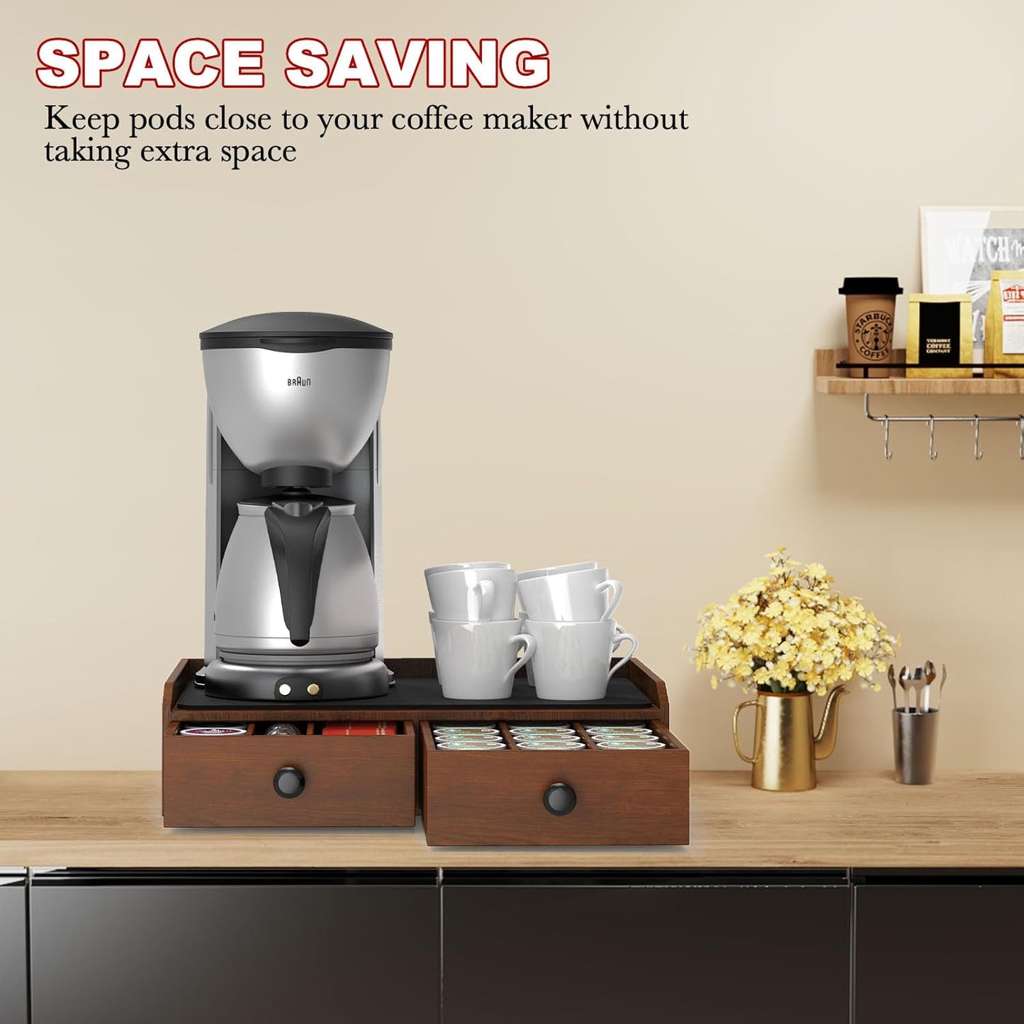 Wooden Coffee Pod Holder & Organizer - Coffee Station Organizer for Counter, Coffee Pods and Tea Organizer Holder Compatible with Keurig Pod & K-Cup | 30 Pod Capacity