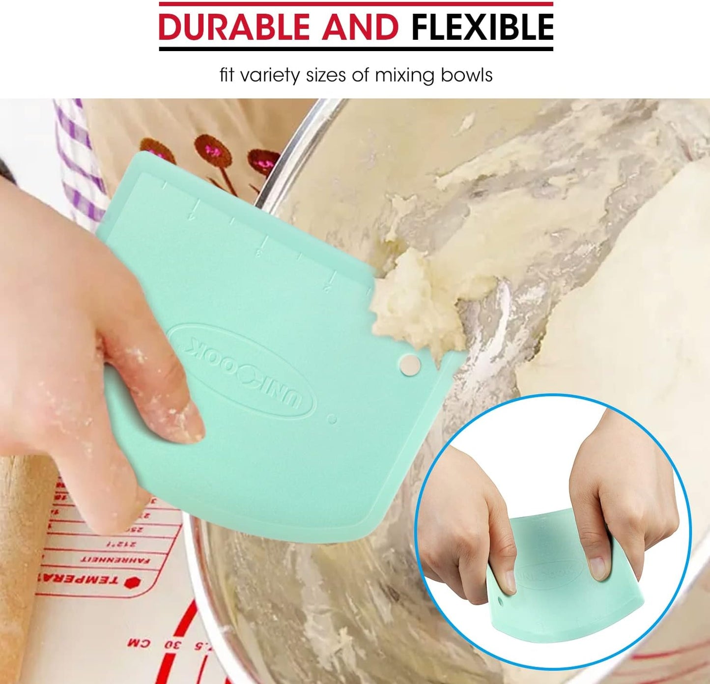 Unicook Dough Scraper Cutter, Flexible Plastic Bench Scraper for Baking Pizza/Pastry/Cake, Multipurpose Baking Tools with Measuring Scale, 2 Pack