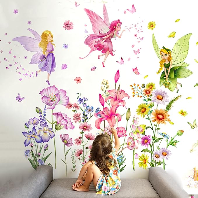 Set of 3 Sheets Size 40x12 Inch Spring Summer Window Cling Sticker Angels, Flowers, and Butterfly Window Stickers, Spring and Summer Decor, Wall, Window Glass Display Stickers (Fairy Theme)