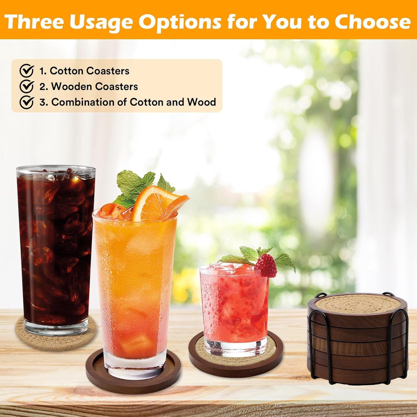 Mckanti 5 Pack Wooden Coasters with Holder for Coffee Table Decor, Absorbent for Kinds of Cups, 4.3 Inches