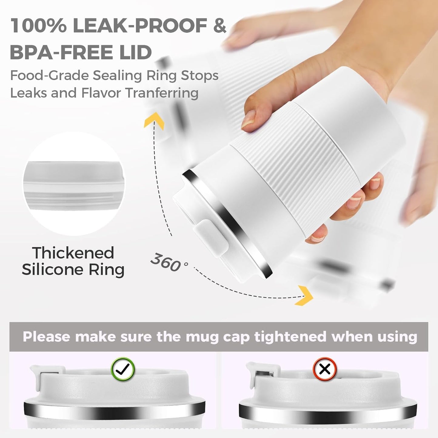 Volhoply 13 oz Stainless Steel Insulated Travel Coffee Mug with Fip Lid Bulk 4 Pack,Reusable Double Wall Vacuum Metal Coffee Cup,Portable Leak Proof Thermal Tumbler for Hot & Cold Drinks(White,4)