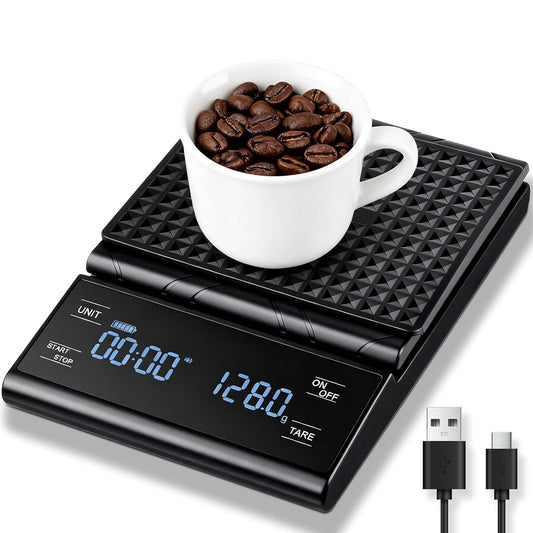 Rechargeable Coffee Scale with Timer, 5kg/0.1g Precision Pour Over Drip Espresso Scale for French Press, Digital Kitchen Scale with Auto Tare, Lit LCD Display and Silicone Cover