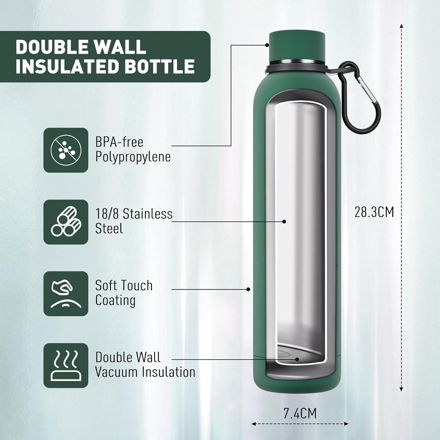 Slim Insulated Water Bottles for Travel 25oz with Clip, Double Wall Vacuum Stainless Steel Water Bottle Keeps Drinks Cold 24 Hrs/Hot 12 Hrs, 100% Leakproof, BPA Free(Emerald Green)